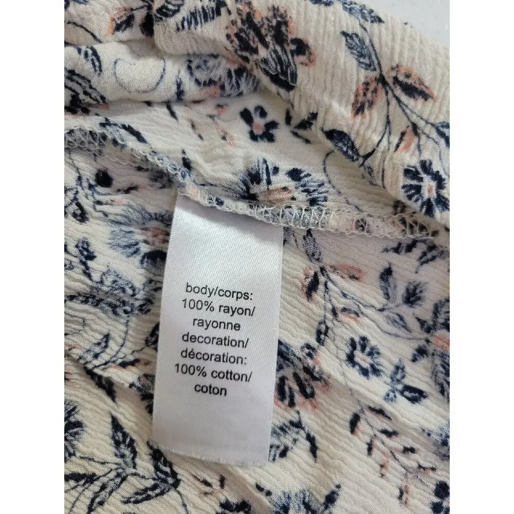 Maurices Blue Floral Print Crochet Crinkle Short Sleeve Boho Top Womens SZ Large